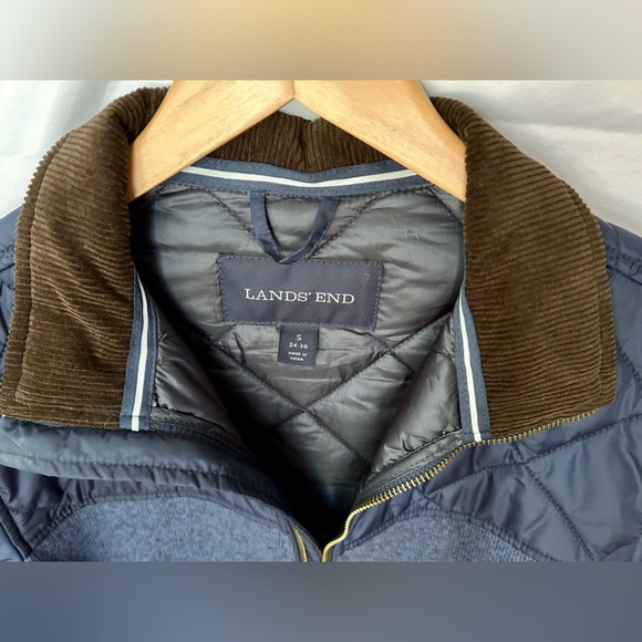 Lands’ End Men’s Jacket Quilted Navy Blue Small Brown Corduroy Collard - Picture 2 of 8